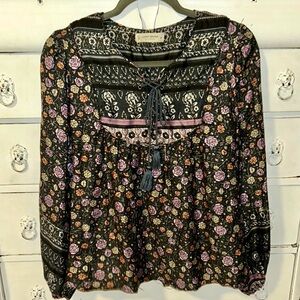 Lucky Brand Pink and Gray Smocked Tie Front Blouse